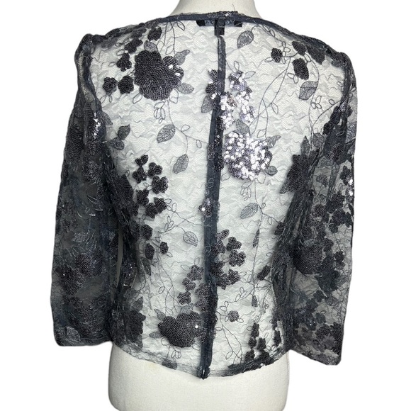 Marina Gray Lace Sequin Embroidered Zip Back Blouse - Picture 3 of 8